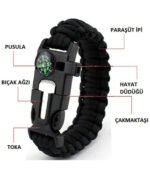Survival Kamp Bilekliği (Pusulalı, Düdüklü, Çakmak Taşlı Paracord Bileklik)