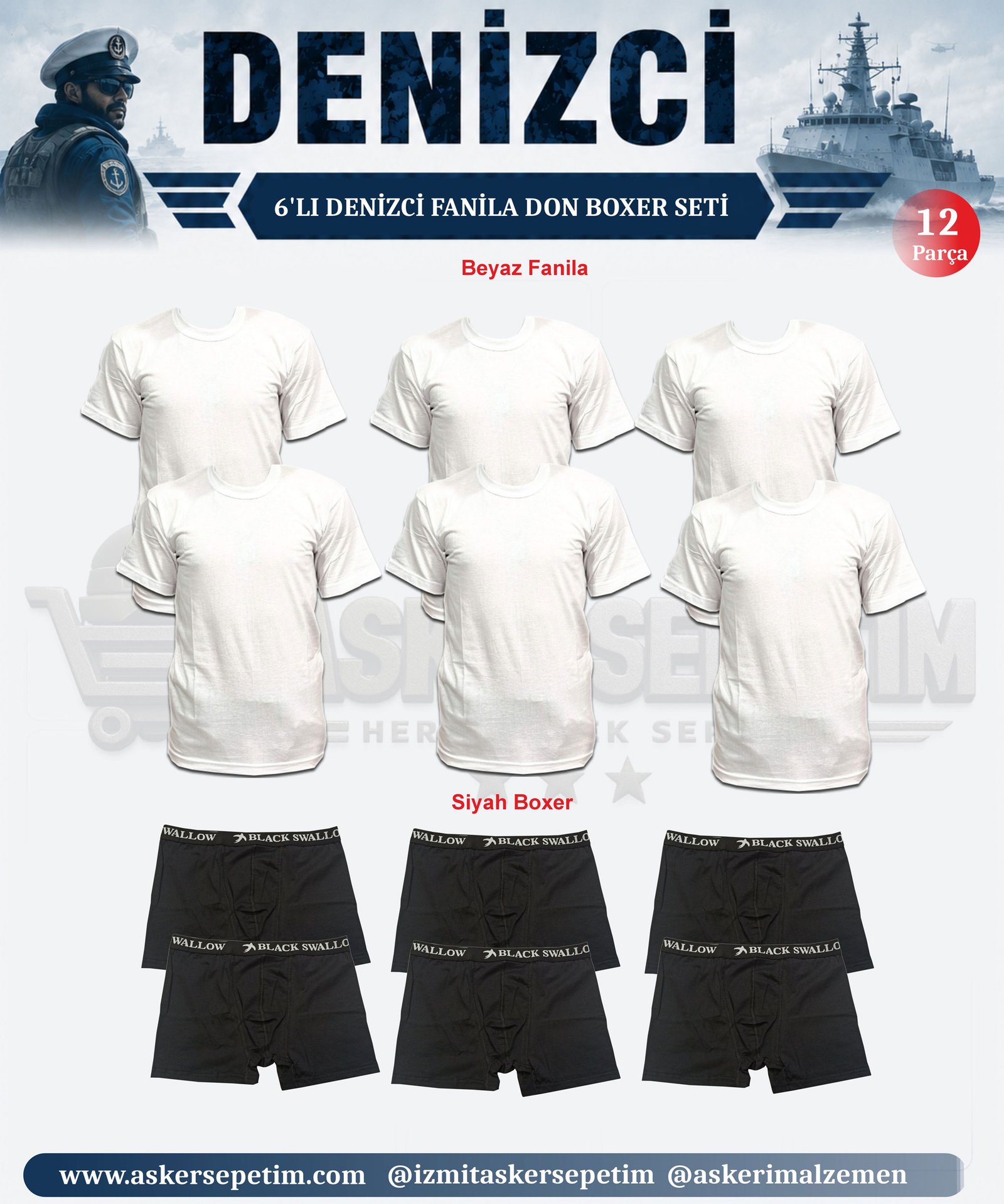 AS-DZ-02 6'lı Temel Denizci Fanila Boxer Seti - Görsel 1